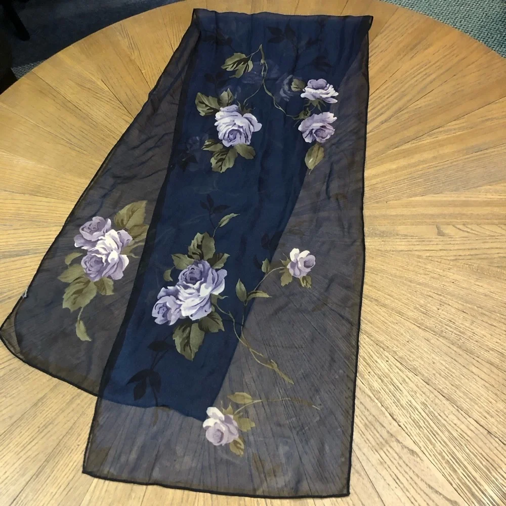 Blue Floral Chiffon Scarf